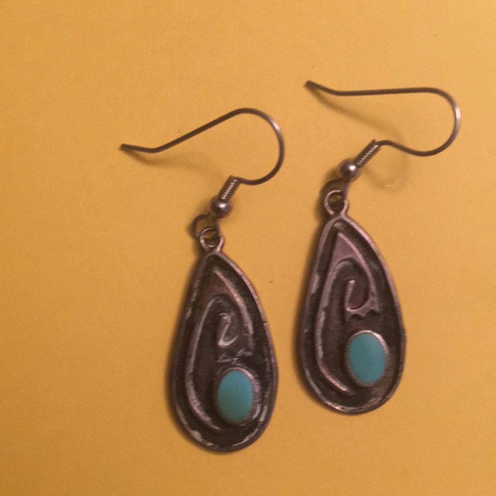 Silver and turquoise tear- drop shaped earrings